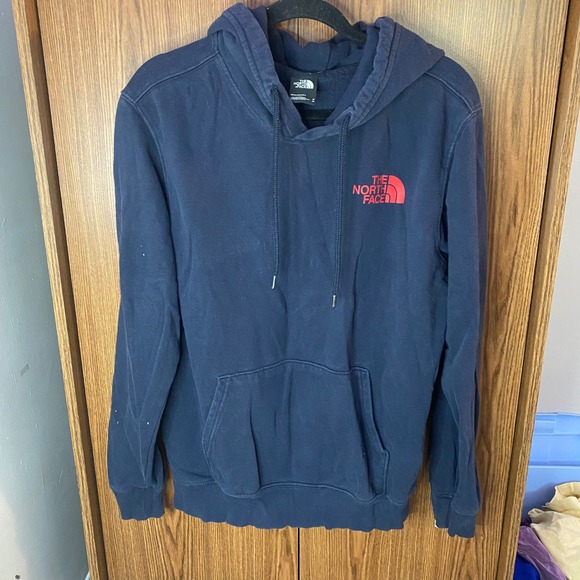 The North Face Other - FLAW The North Face Hoodie Mens M Navy Blue Red Logo Mountain Graphic Pullover